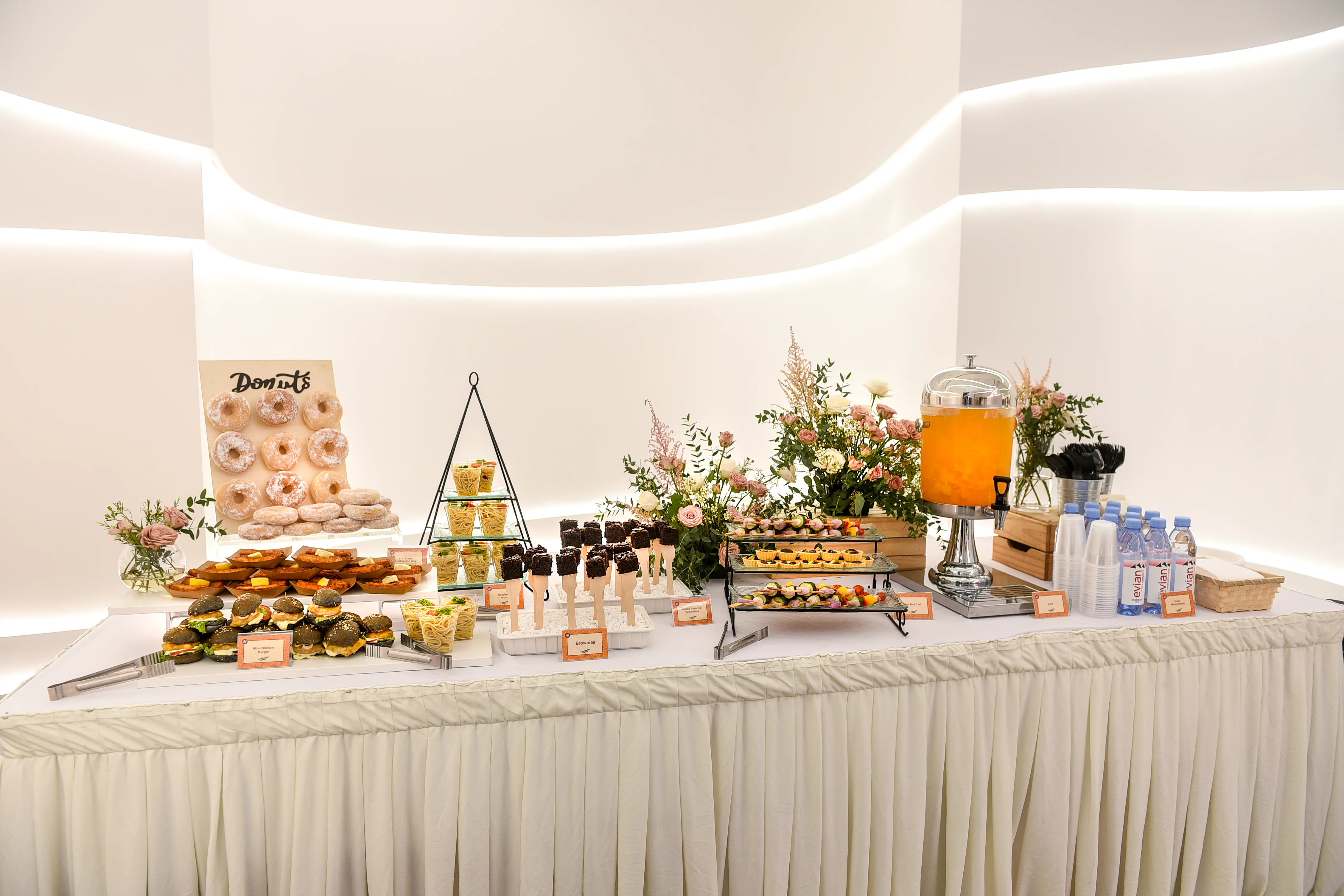 Canape and dessert spread styled for a corporate launching event