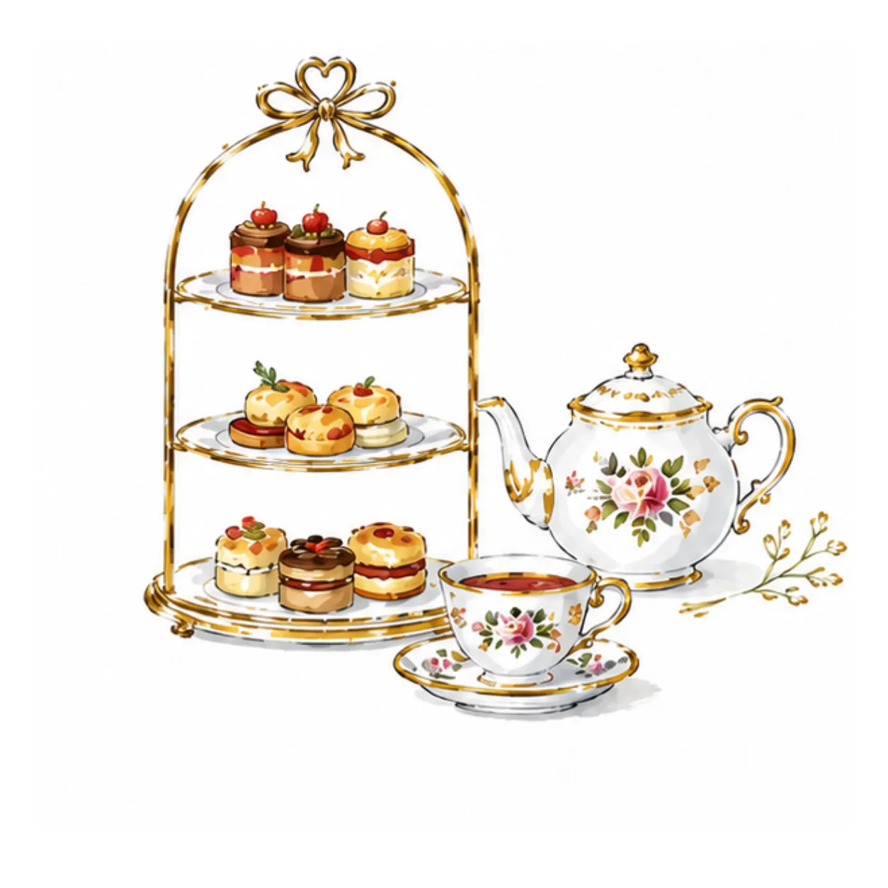 Illustration of a tiered dessert stand and floral teapot with teacup