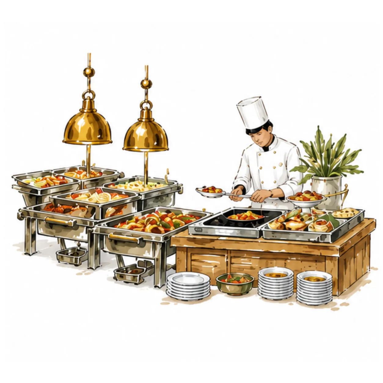 Illustration of a chef preparing food at a buffet line with chafing dishes
