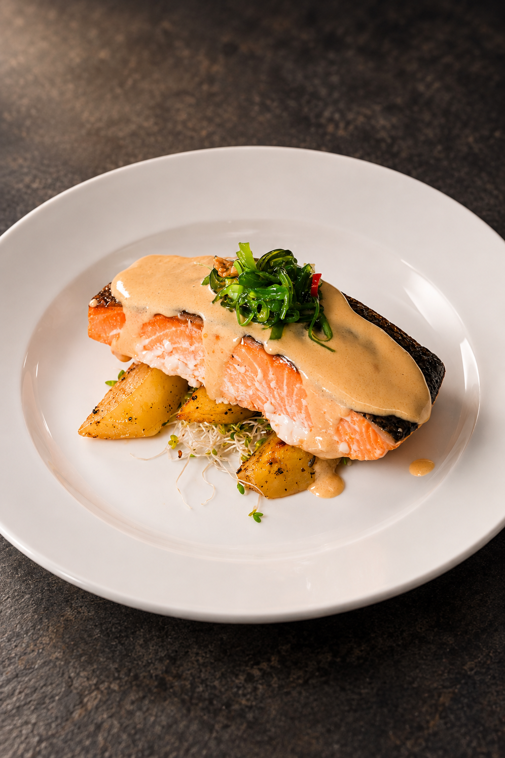 western plated salmon grilled with special sauce on top sitdown services