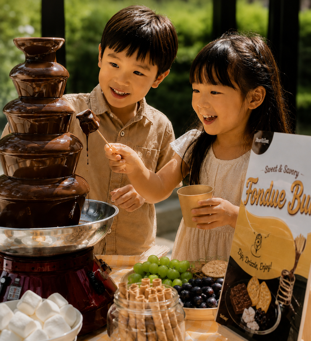 kids eating chocolate fondue with mashmallow