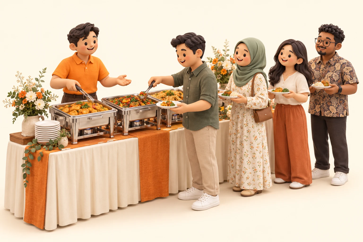 Guests queue with plates and help themselves to food from a catering buffet line, with a friendly orange-shirted team member serving alongside them.