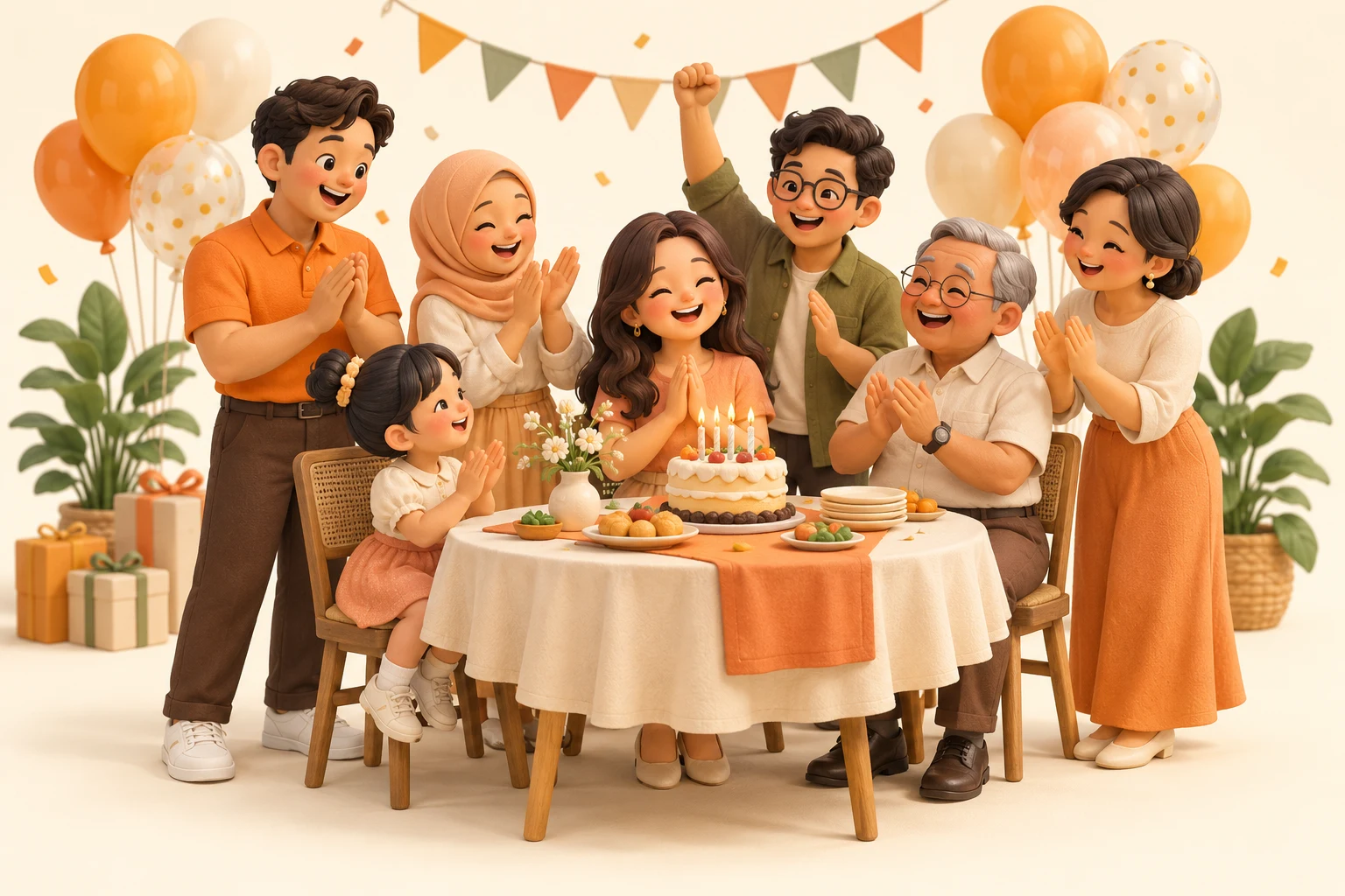 Family and friends of different generations clap and smile around a birthday cake, with warm orange balloons and festive bunting.