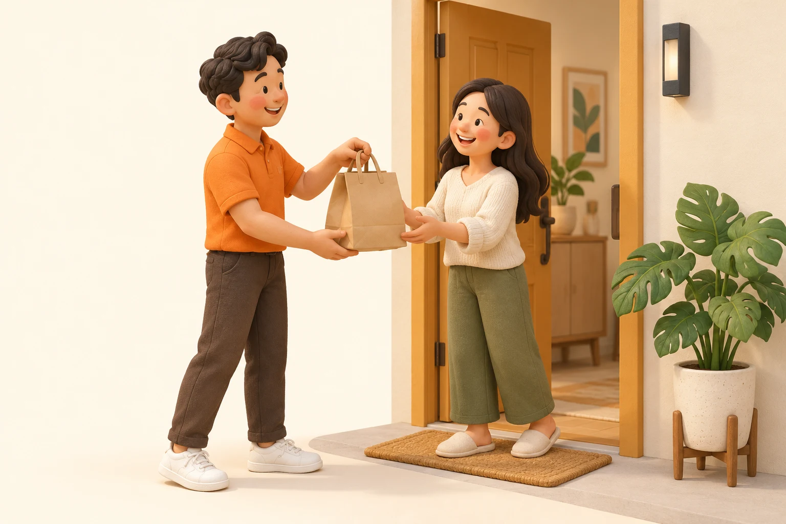 A cheerful delivery man in an orange shirt hands a packed takeaway meal to a smiling customer at her apartment doorstep.