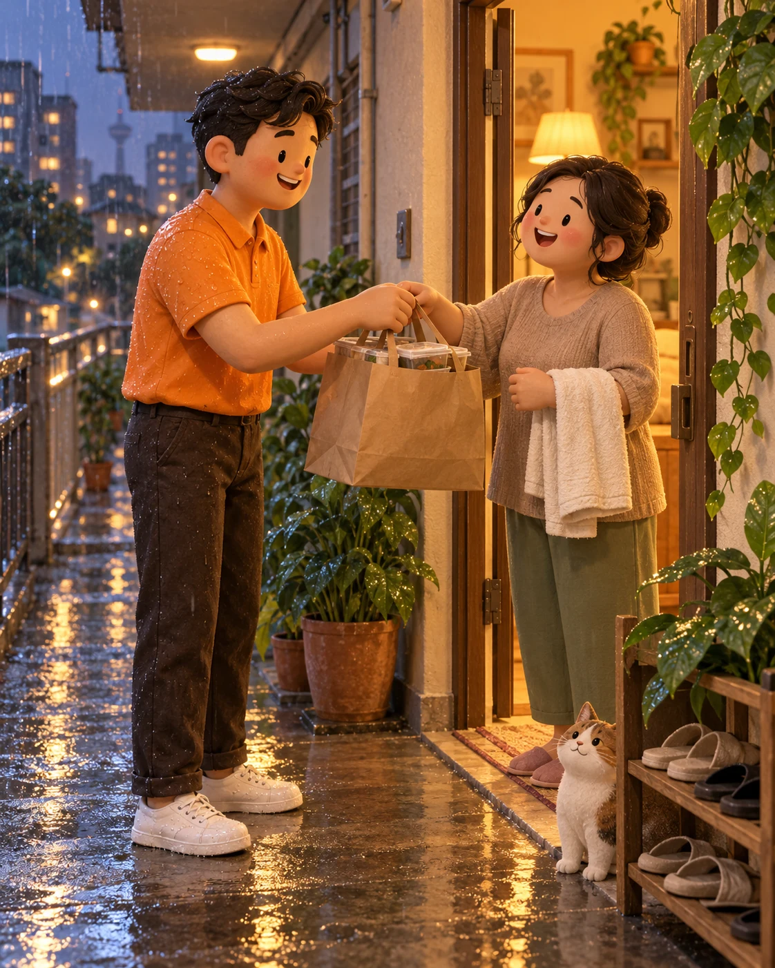 Warm storybook illustration: a smiling delivery man brings a meal through the rain, while a customer at her glowing doorway offers him a towel.
